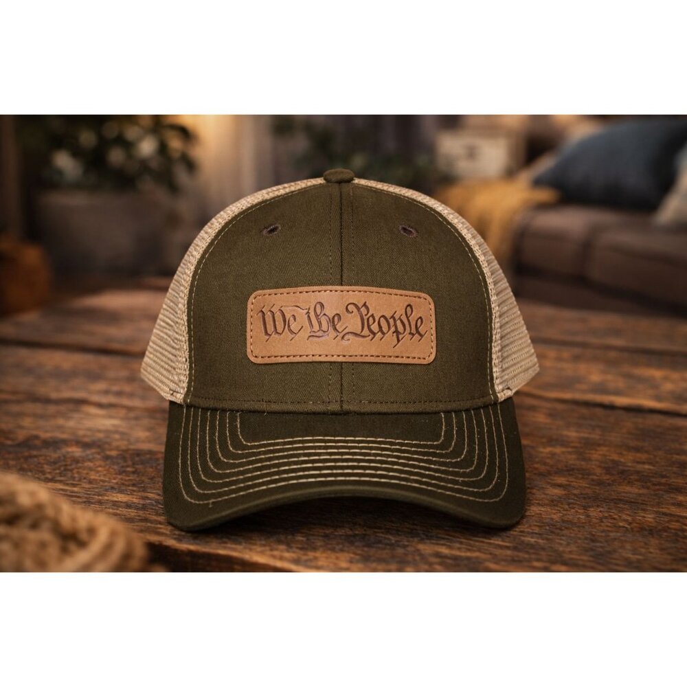 Howitzer Trucker Hat “We the People” Leather Patch Olive Green Tan Mesh Snapback